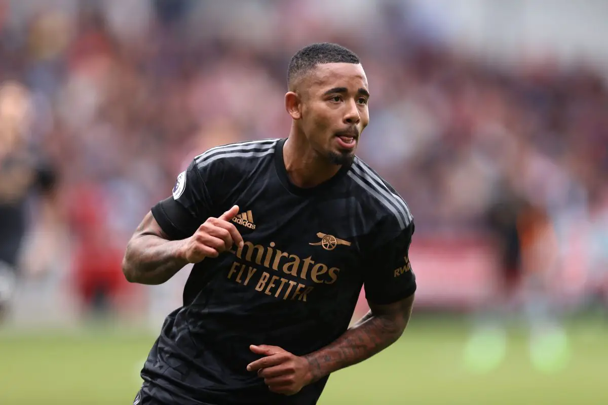 Gabriel Jesus celebrates after Arsenal score against Brentford in the Premier League.