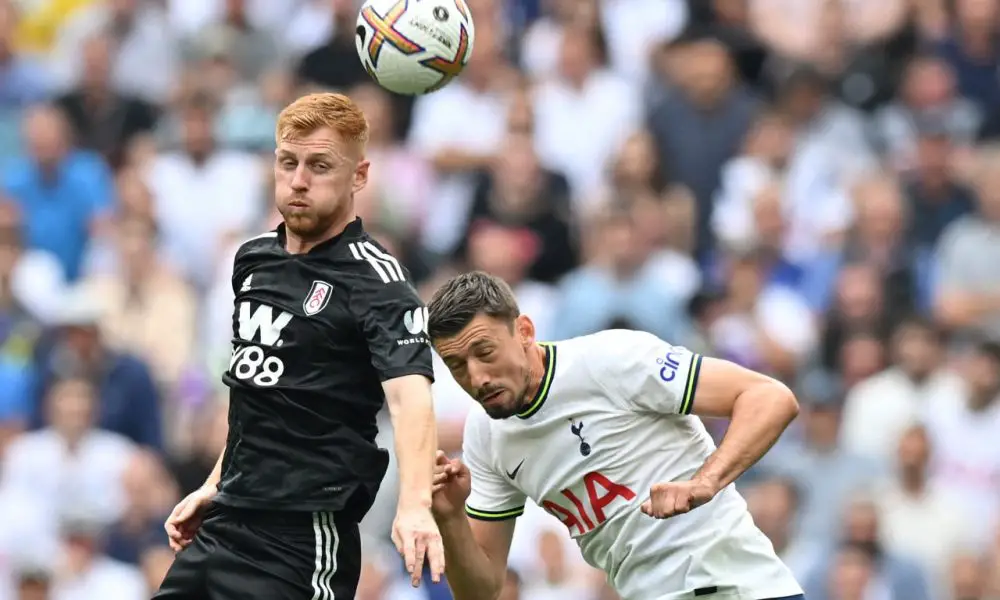 Fulham's Harrison Reed vies for the ball with Tottenham Hotspurs Clement Lenglet.