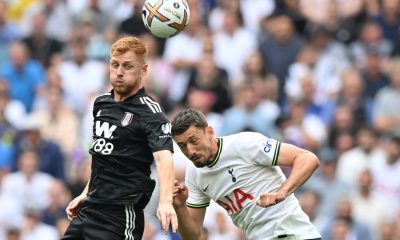 Fulham's Harrison Reed vies for the ball with Tottenham Hotspurs Clement Lenglet.
