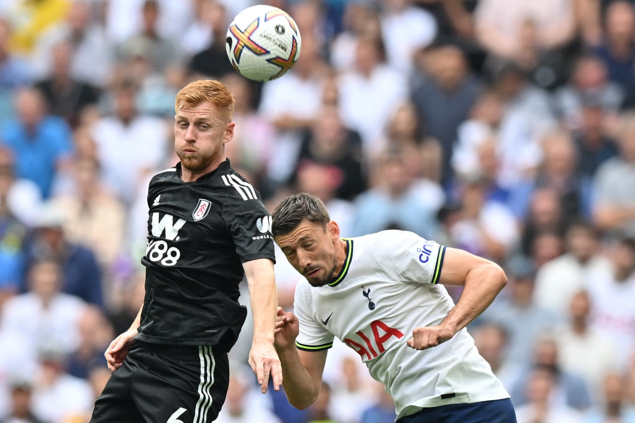 Fulham's Harrison Reed vies for the ball with Tottenham Hotspurs Clement Lenglet.