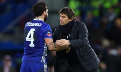 Antonio Conte with Chelsea midfielder, Frances Fabregas, during a game against Brentford in 2017.
