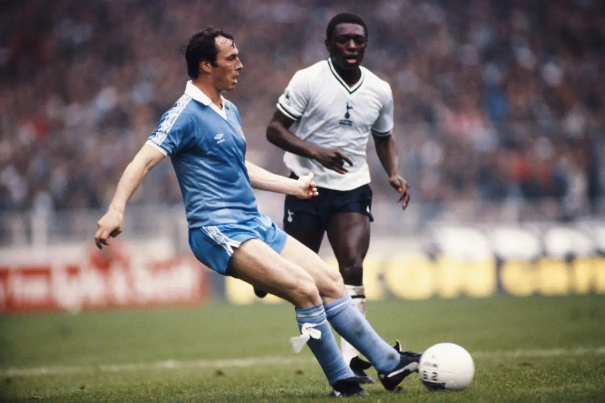 Garth Crooks of Tottenham Hotspur in action against Bobby McDonald of Manchester City during the 1981 FA Cup final. (Photo by Duncan Raban/Allsport/Getty Images)