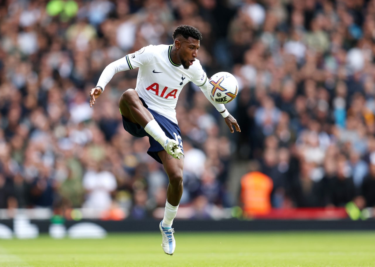 Emerson Royal in action for Tottenham Hotspur against Arsenal in the north London derby.