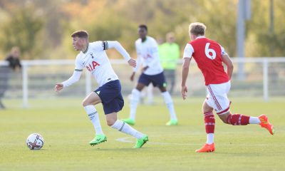 Alfie Devine of Tottenham Hotspur in action during the Premier League 2 match between Tottenham Hotspur U21 and Arsenal U21 at Tottenham Hotspur Training Centre on October 08, 2022 in Enfield, England. (Photo by Alex Morton/Getty Images)