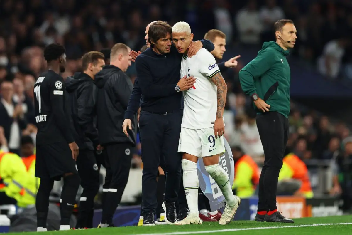 Antonio Conte embraces Richarlison of Tottenham Hotspur after a win against Eintracht Frankfurt. 