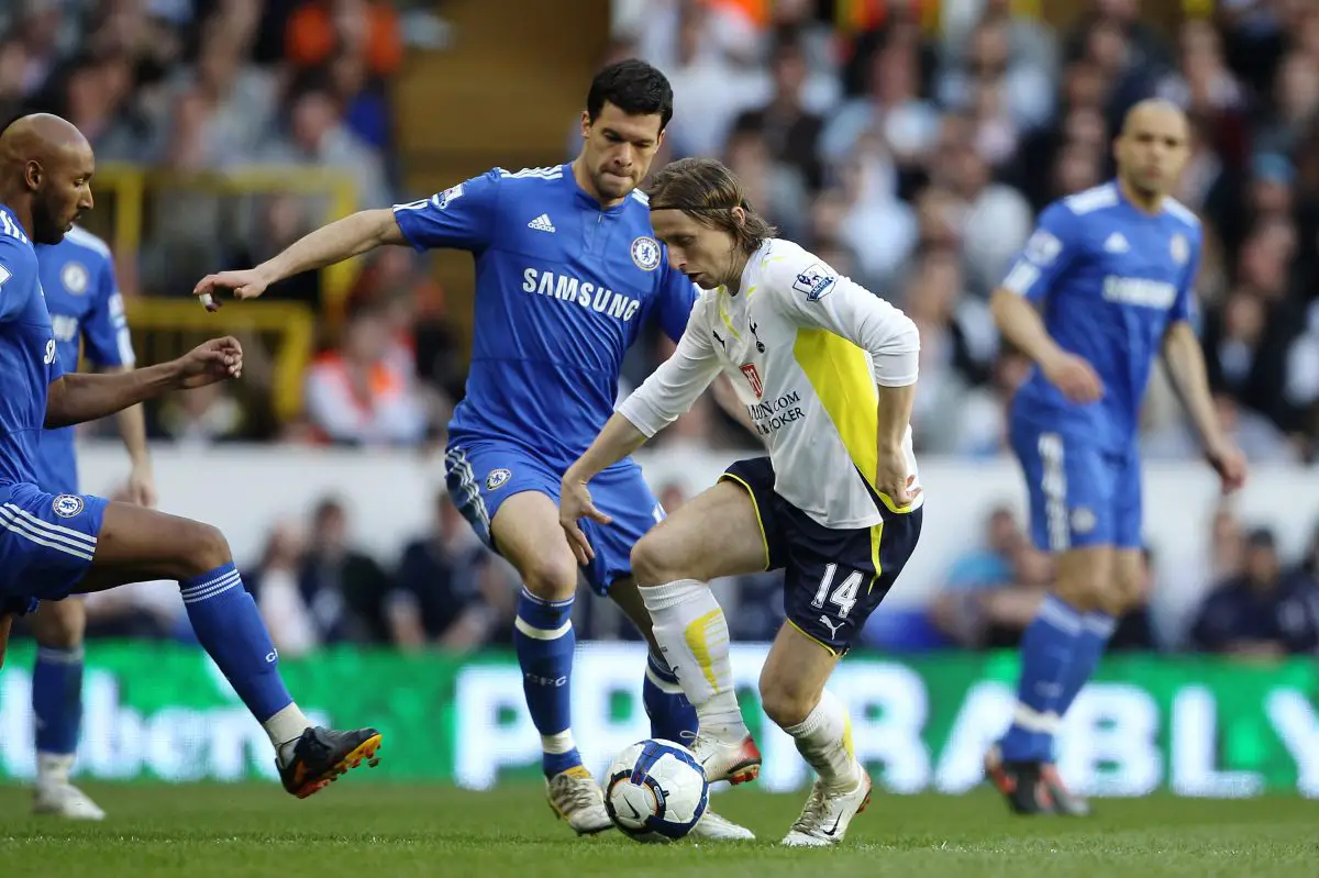 Michael Ballack of Chelsea challenges Luka Modric of Tottenham Hotspur during a match in April 2010.