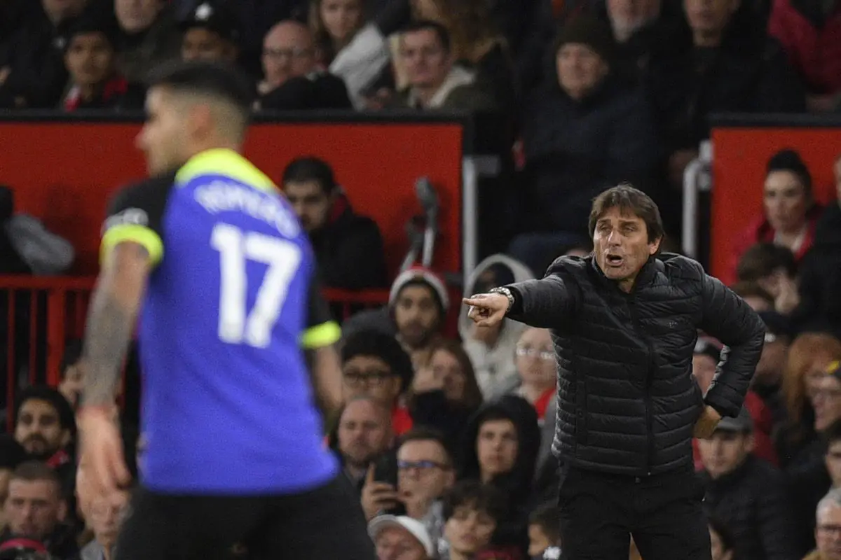 Antonio Conte on the touchline as Manchester United beat Tottenham Hotspur 2-0 in a league game in October 2022.