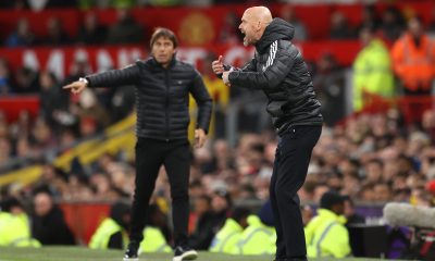 Erik ten Hag of Manchester United and Antoni Conte of Tottenham Hotspur during a Premier League match at Old Trafford in October 2022.