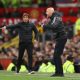 Erik ten Hag of Manchester United and Antoni Conte of Tottenham Hotspur during a Premier League match at Old Trafford in October 2022.