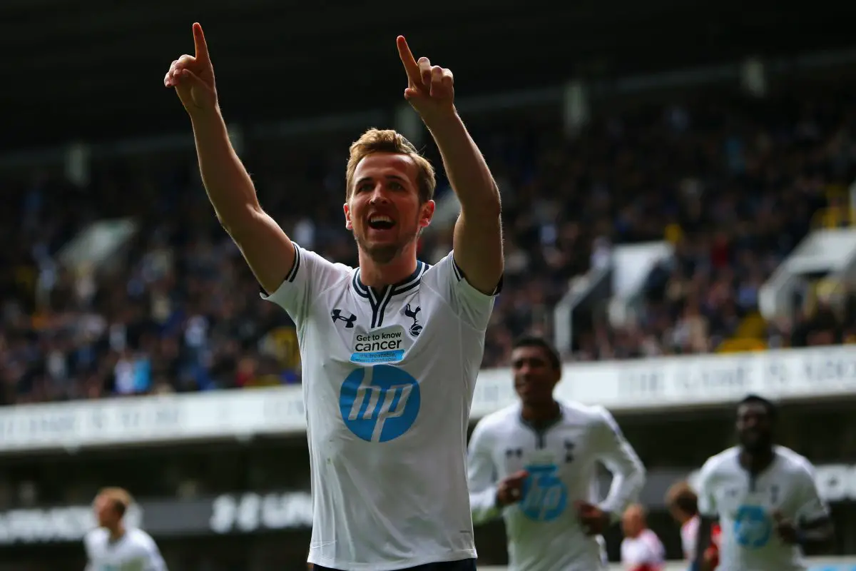 Harry Kane celebrates scoring for Tottenham Hotspur against Fulham in April 2014.