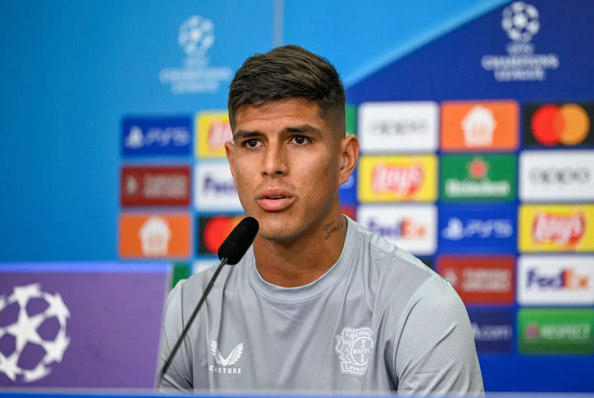 Bayer Leverkusen defender Piero Hincapie in a UEFA Champions League press conference.