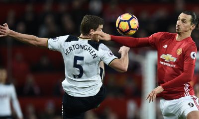 Manchester United's Zlatan Ibrahimovic battles Jan Vertonghen of Tottenham Hotspur.