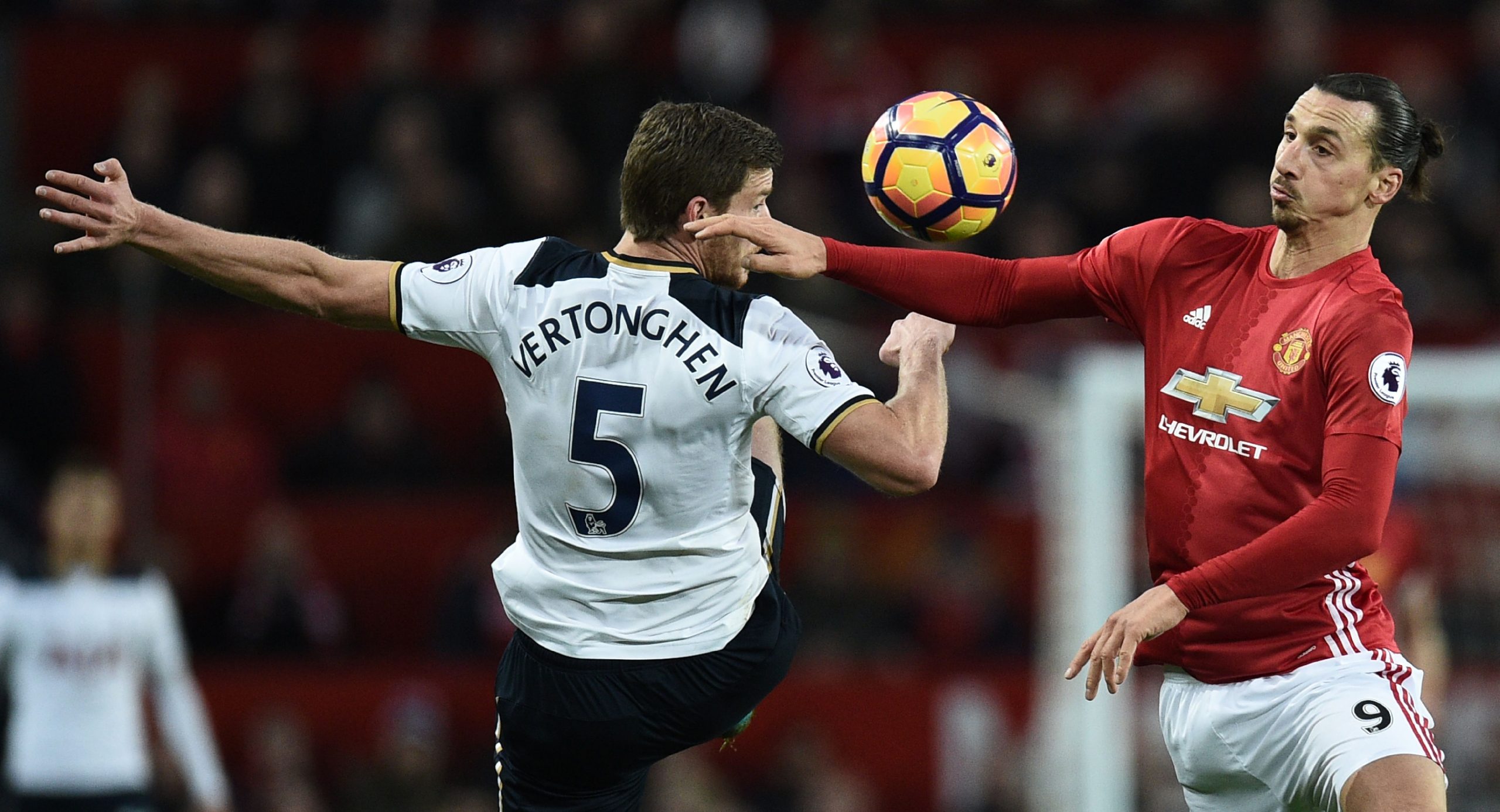 Manchester United's Zlatan Ibrahimovic battles Jan Vertonghen of Tottenham Hotspur.