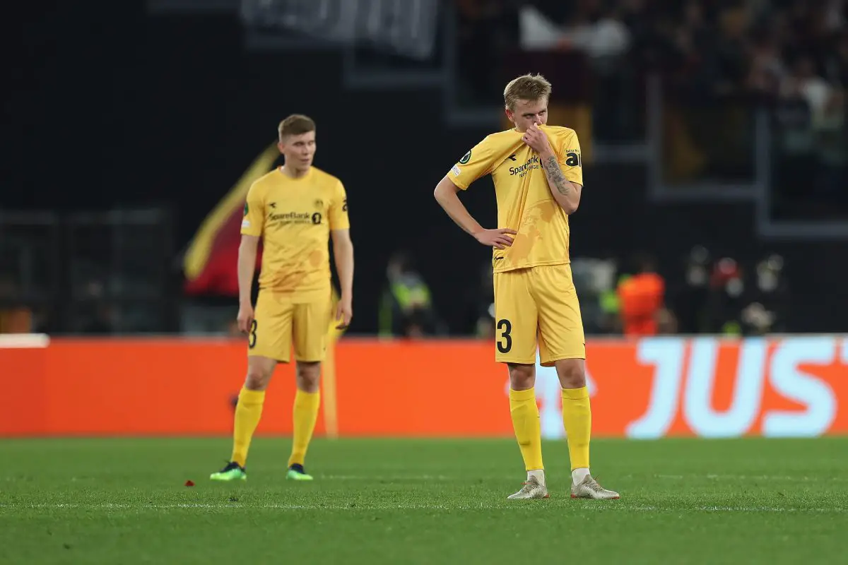 Alfons Sampsted of FK Bodo/Glimt reacts during a game against AS Roma last season in the UEFA Europa Conference League.  