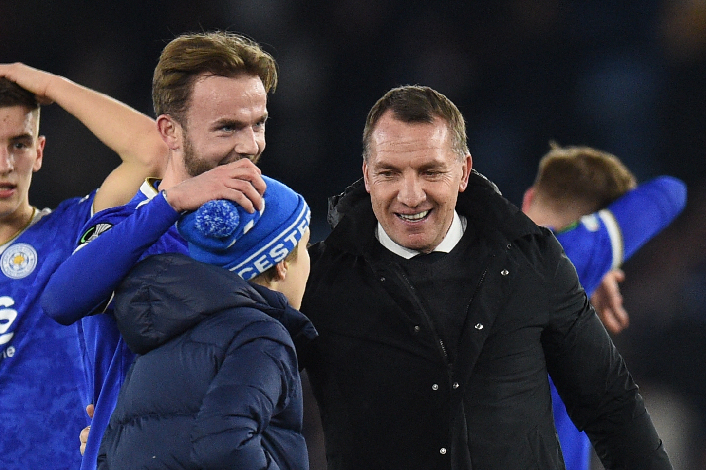 Leicester City's English midfielder James Maddison and manager Brendan Rodgers.