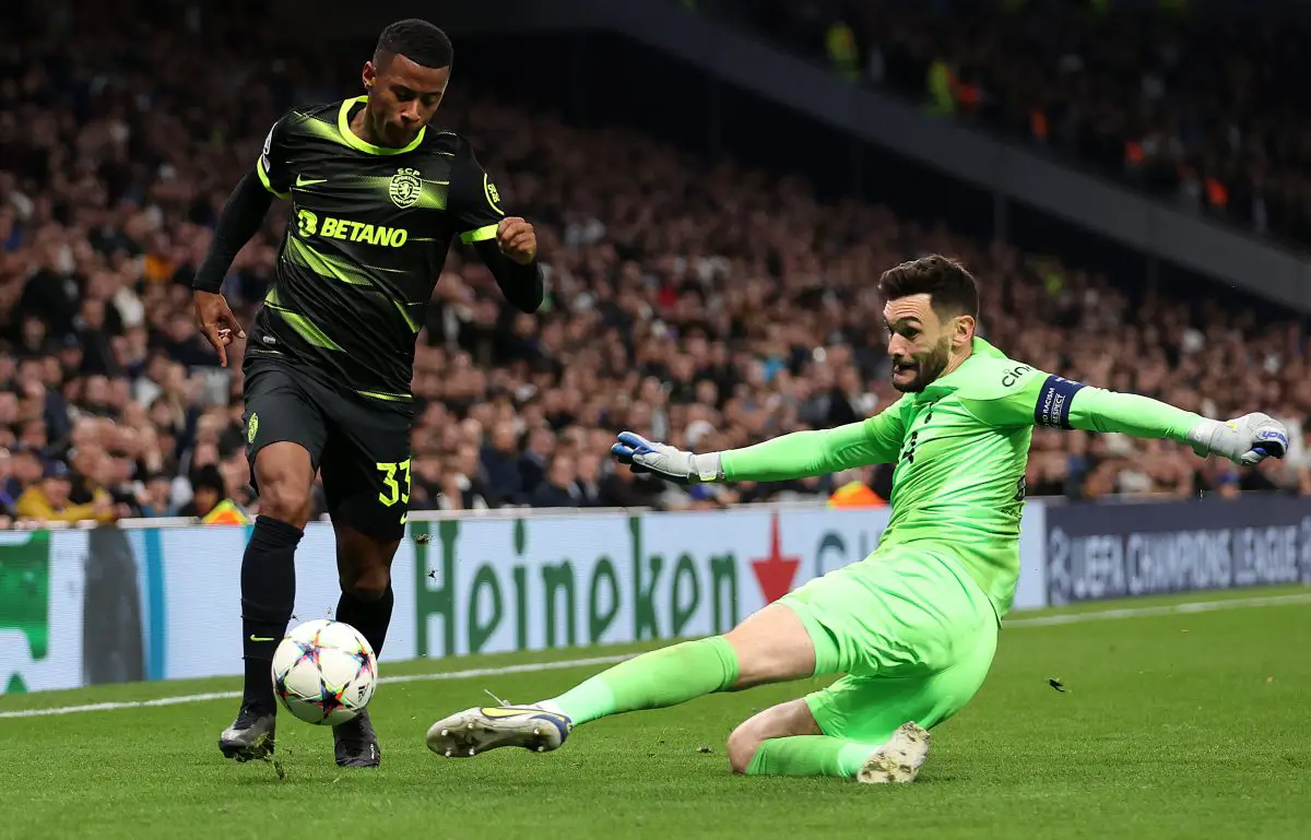 Arthur of Sporting CP is challenged by Hugo Lloris of Tottenham Hotspur.