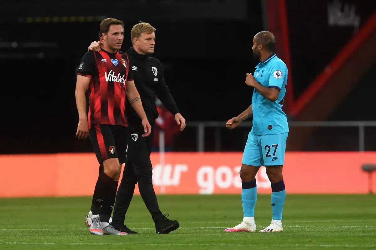 Bournemouth's Dan Gosling and Eddie Howe with Tottenham Hotspur's Lucas Moura.