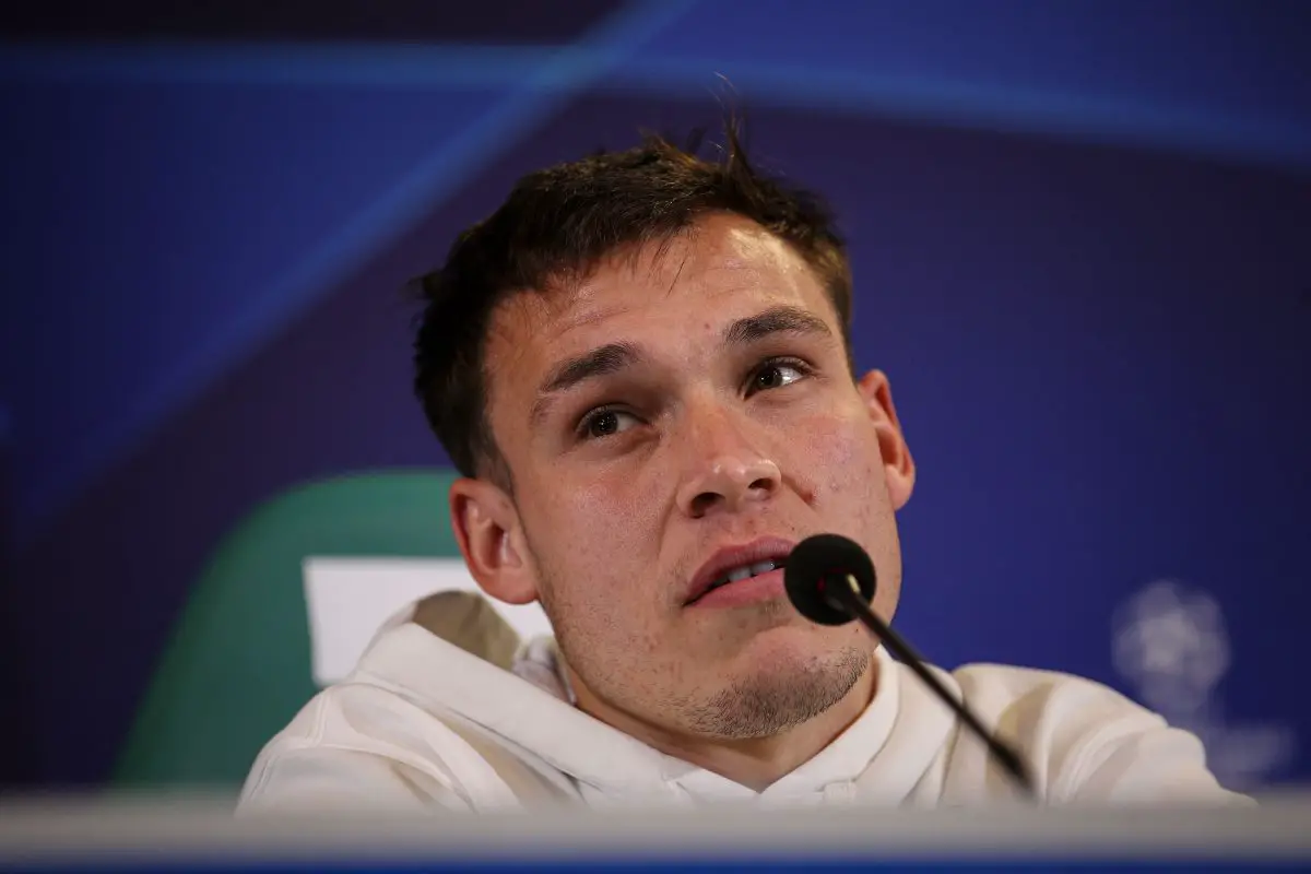 Sporting Lisbon's Manuel Ugarte at a press conference.