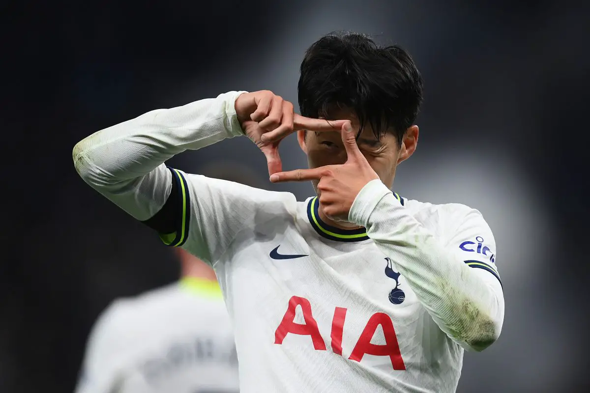 Son Heung-Min of Tottenham Hotspur celebrates after scoring against Eintracht Frankfurt.
