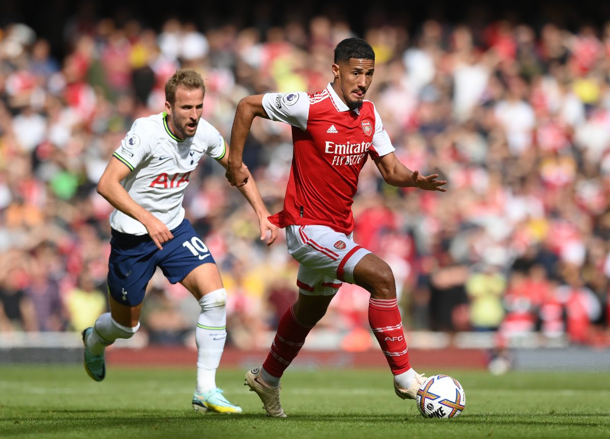 William Saliba of Arsenal breaks away from Harry Kane of Tottenham Hotspur during a north London derby in the Premier League.