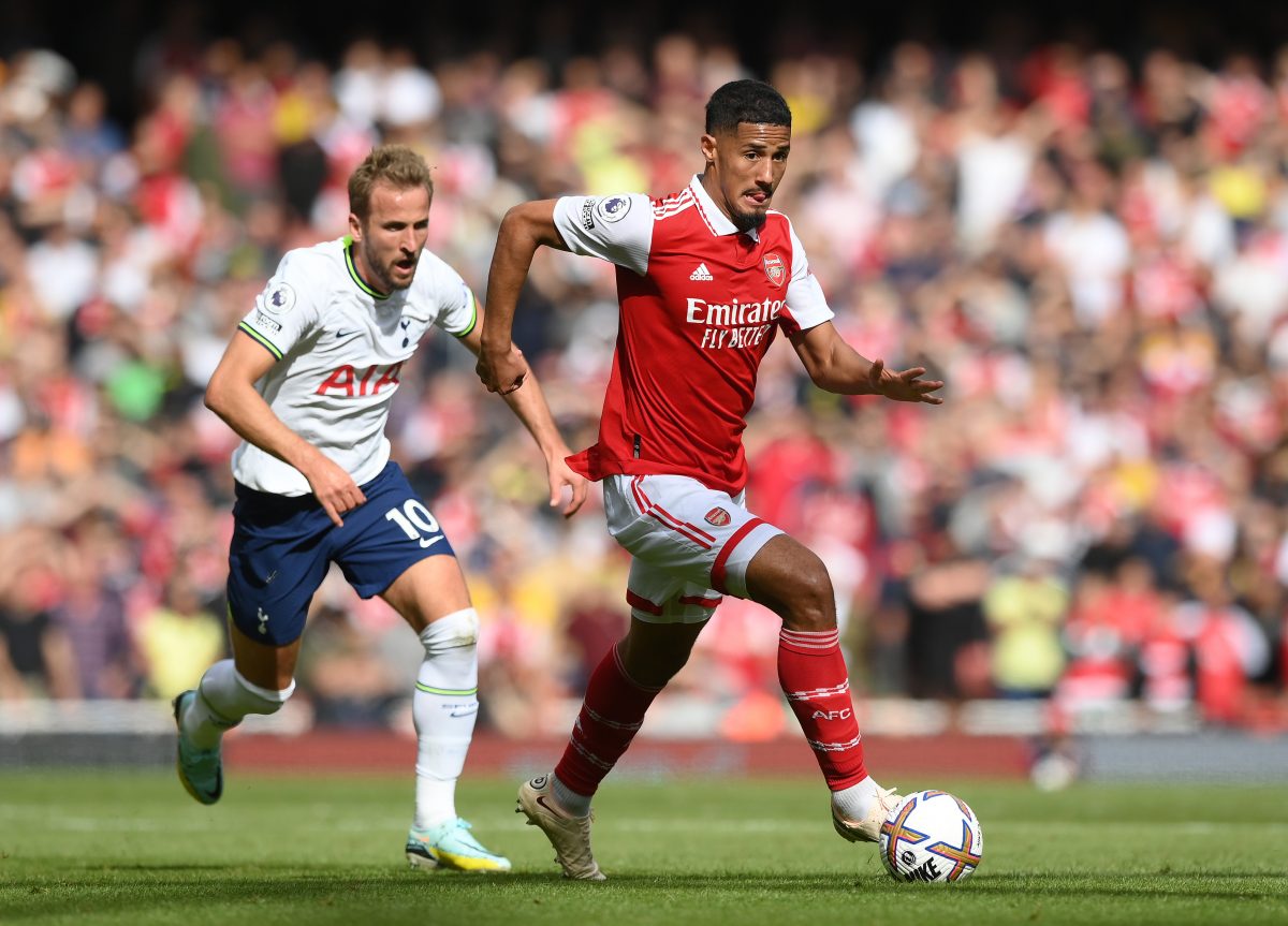 William Saliba of Arsenal breaks away from Harry Kane of Tottenham Hotspur during a north London derby in the Premier League. 