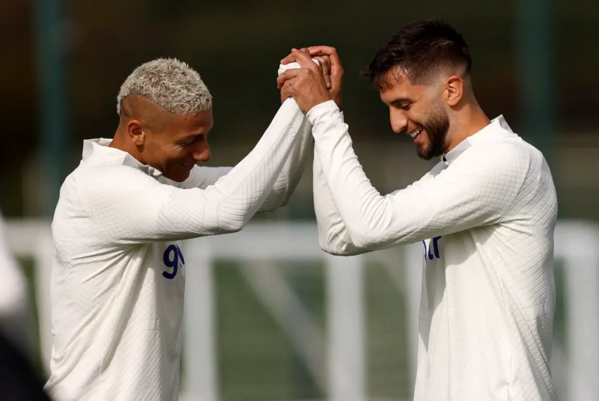 Richarlison and Rodrigo Bentancur of Tottenham Hotspur in a training session. 