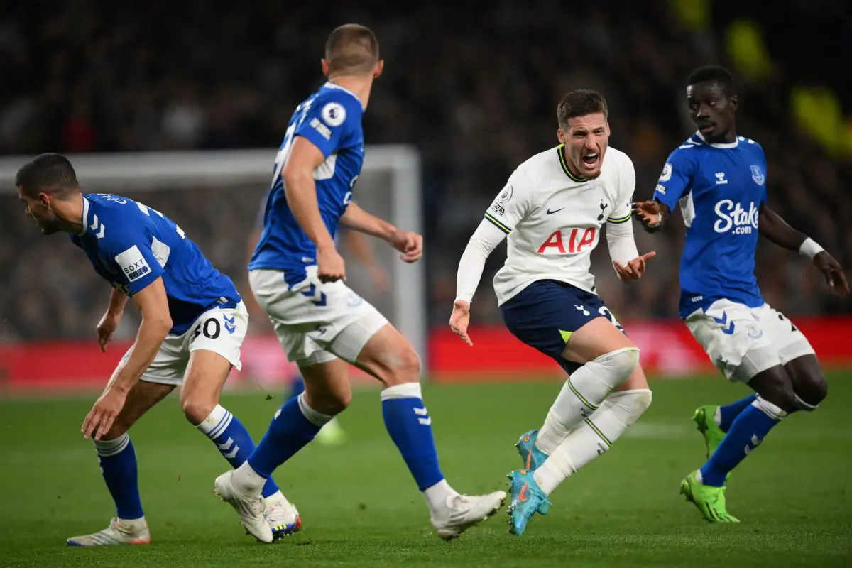 Matt Doherty of Tottenham reacts under pressure from Idrissa Gana Gueye and Conor Coady.