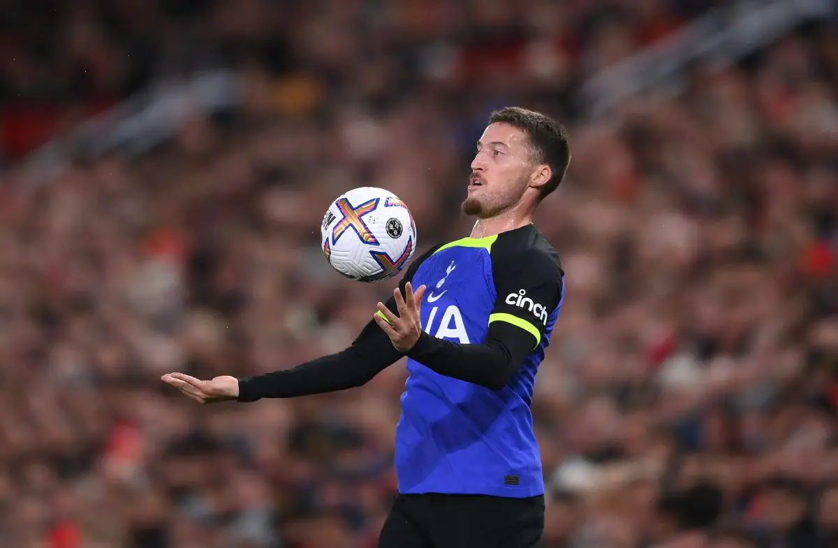 Matt Doherty of Tottenham Hotspur controls the ball in a game against Manchester United. 