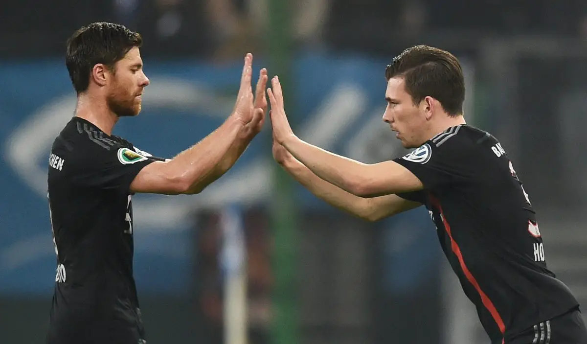 Xabi Alonso with Pierre-Emile Hojbjerg of Bayern Munich. 