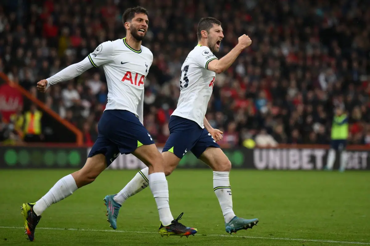 Ben Davies and Rodrigo Bentancur celebrate after a goal for Tottenham Hotspur against AFC Bournemouth.