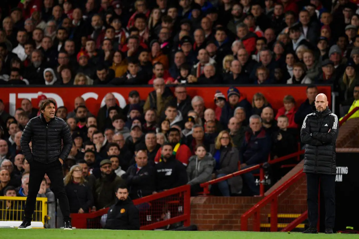 Antonio Conte of Tottenham Hotspur and Erik ten Hag of Manchester United on the touchline.