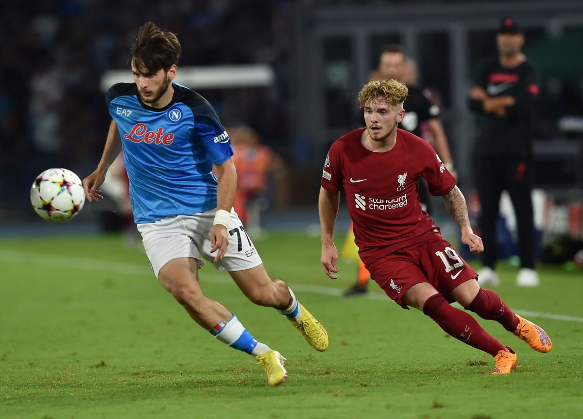 Khvicha Kvaratskhelia of SSC Napoli and Harvey Elliott of Liverpool FC in action.