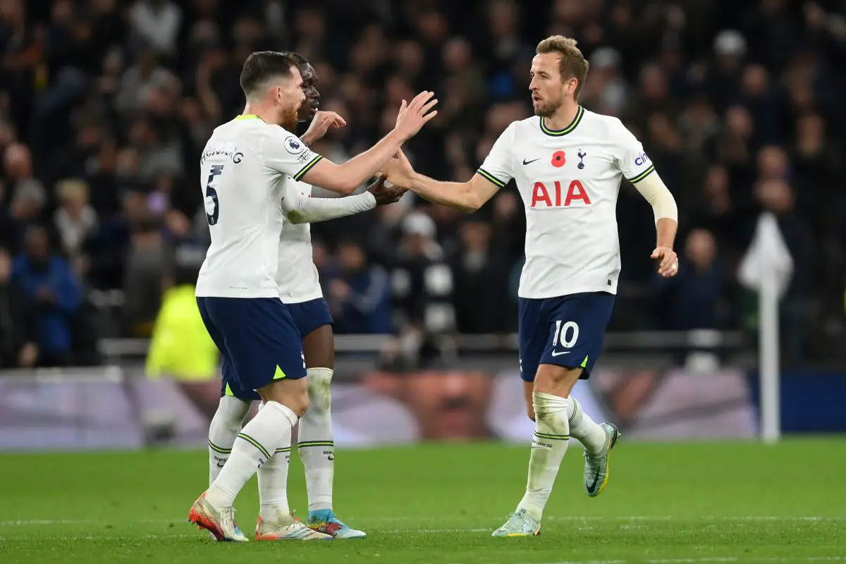 Harry Kane of Tottenham Hotspur celebrates with Pierre-Emile Hojbjerg after scoring against Liverpool. (Photo by Mike Hewitt/Getty Images)