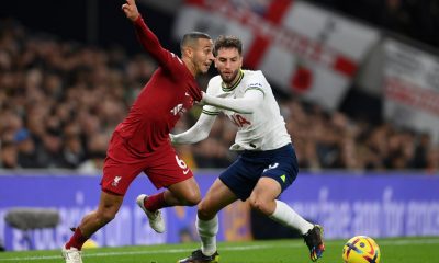 Thiago Alcantara of Liverpool battles for possession with Rodrigo Bentancur of Tottenham Hotspur.
