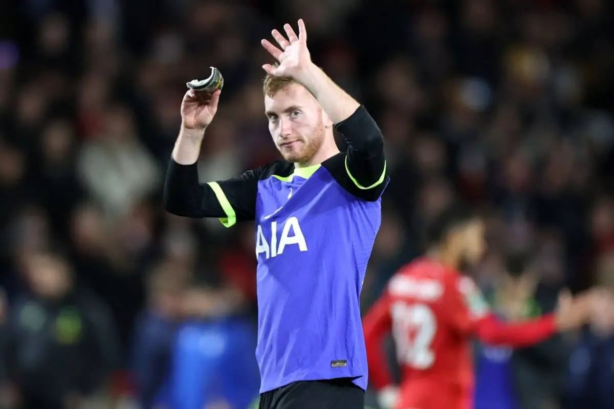 Dejan Kulusevski of Tottenham Hotspur acknowledges fans after the Carabao Cup Third Round match between Nottingham Forest and Tottenham Hotspur at City Ground on November 09, 2022 in Nottingham, England. (Photo by Catherine Ivill/Getty Images )