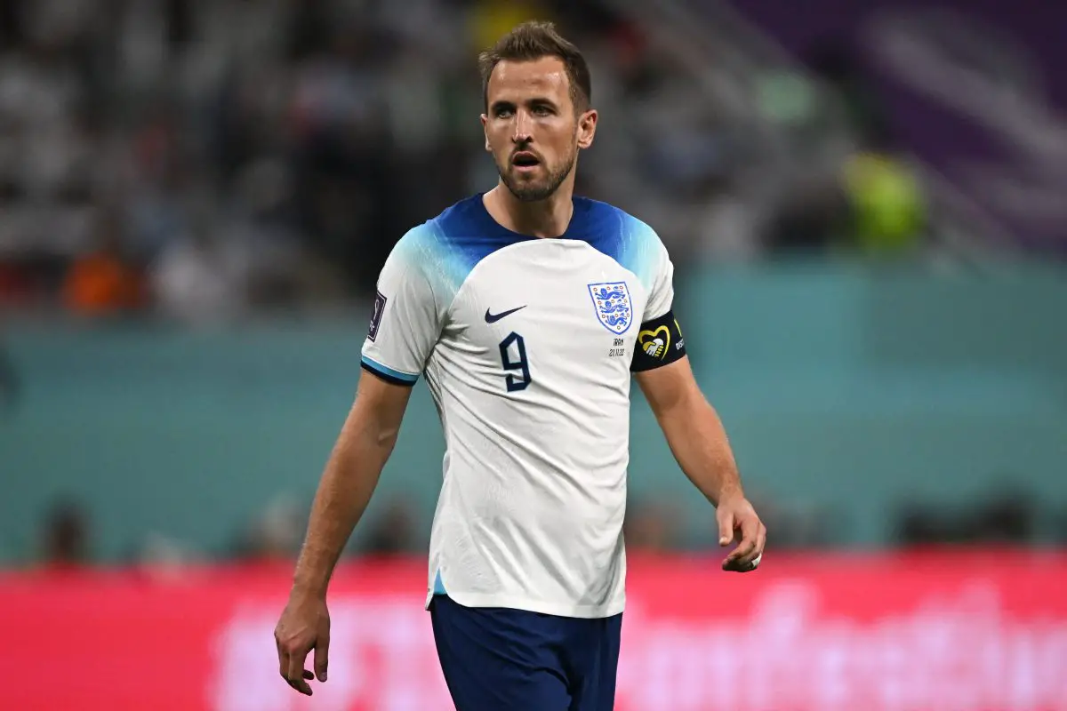 England's forward #09 Harry Kane looks on during the Qatar 2022 World Cup Group B football match between England and Iran at the Khalifa International Stadium in Doha on November 21, 2022. (Photo by Paul ELLIS / AFP) (Photo by PAUL ELLIS/AFP via Getty Images)