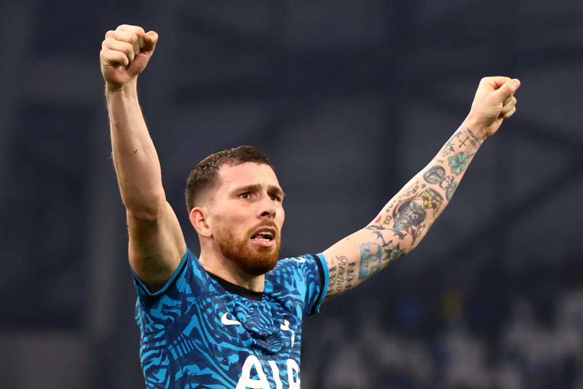 Pierre-Emile Hojbjerg of Tottenham Hotspur celebrates scoring against Marseille.