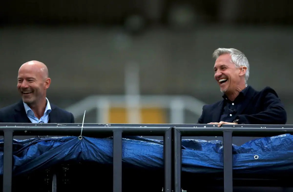 Pundits Alan Shearer and Gary Lineker are seen in the stands together. (Photo by Owen Humphreys/Pool via Getty Images)