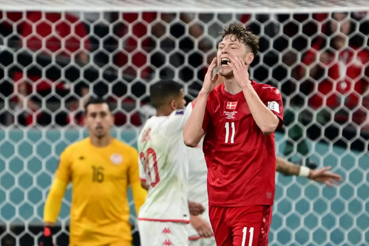 Denmark's Andreas Skov Olsen after his goal was ruled out against Tunisia in the 0-0 FIFA World Cup group-stage draw. (Photo by Miguel MEDINA / AFP) (Photo by MIGUEL MEDINA/AFP via Getty Images)