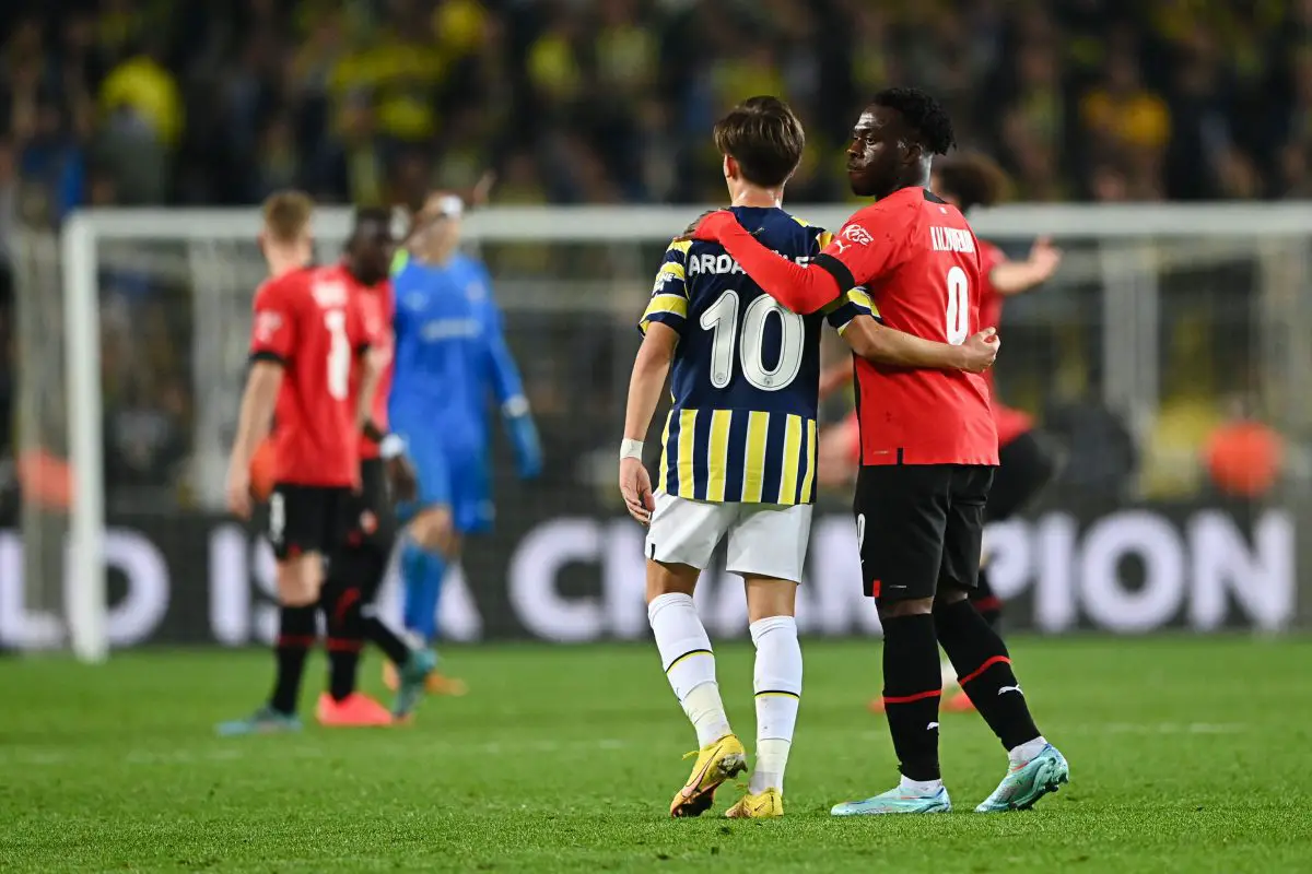 Fenerbahce's Arda Guler and Rennes' Arnaud Kalimuendo. (Photo by OZAN KOSE/AFP via Getty Images)