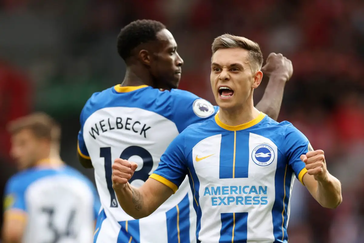 Leandro Trossard of Brighton with teammate Danny Welbeck against Liverpool.