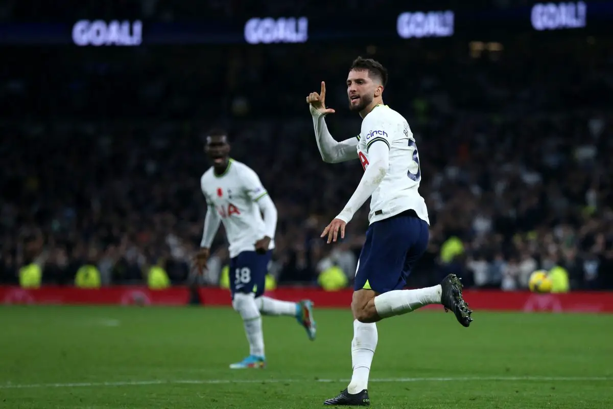 Tottenham Hotspur's Rodrigo Bentancur celebrates after scoring against Leeds United. 