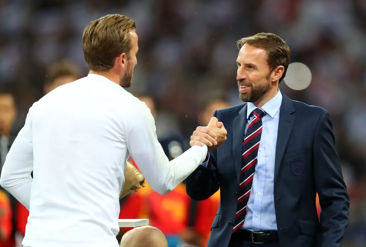 Harry Kane and Gareth Southgate of England with the 2018 FIFA World Cup Golden Boot. (Photo by Catherine Ivill/Getty Images)