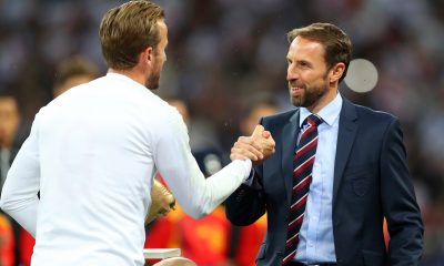 Harry Kane and Gareth Southgate of England with the 2018 FIFA World Cup Golden Boot. (Photo by Catherine Ivill/Getty Images)