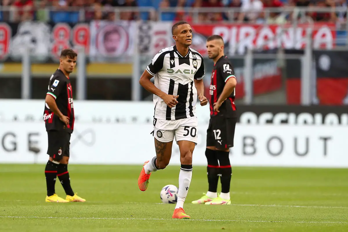 Rodrigo Becao of Udinese Calcio looks on after scoring against AC Milan in August 2022. (Photo by Marco Luzzani/Getty Images)
