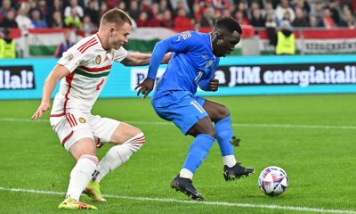 Hungary's defender Attila Szalai (L) and Italy's forward Degnand Wilfried Gnonto vie for the ball during the UEFA Nations League Group 3 football match between Hungary and Italy in Budapest on September 26, 2022. (Photo by Attila KISBENEDEK / AFP) (Photo by ATTILA KISBENEDEK/AFP via Getty Images)