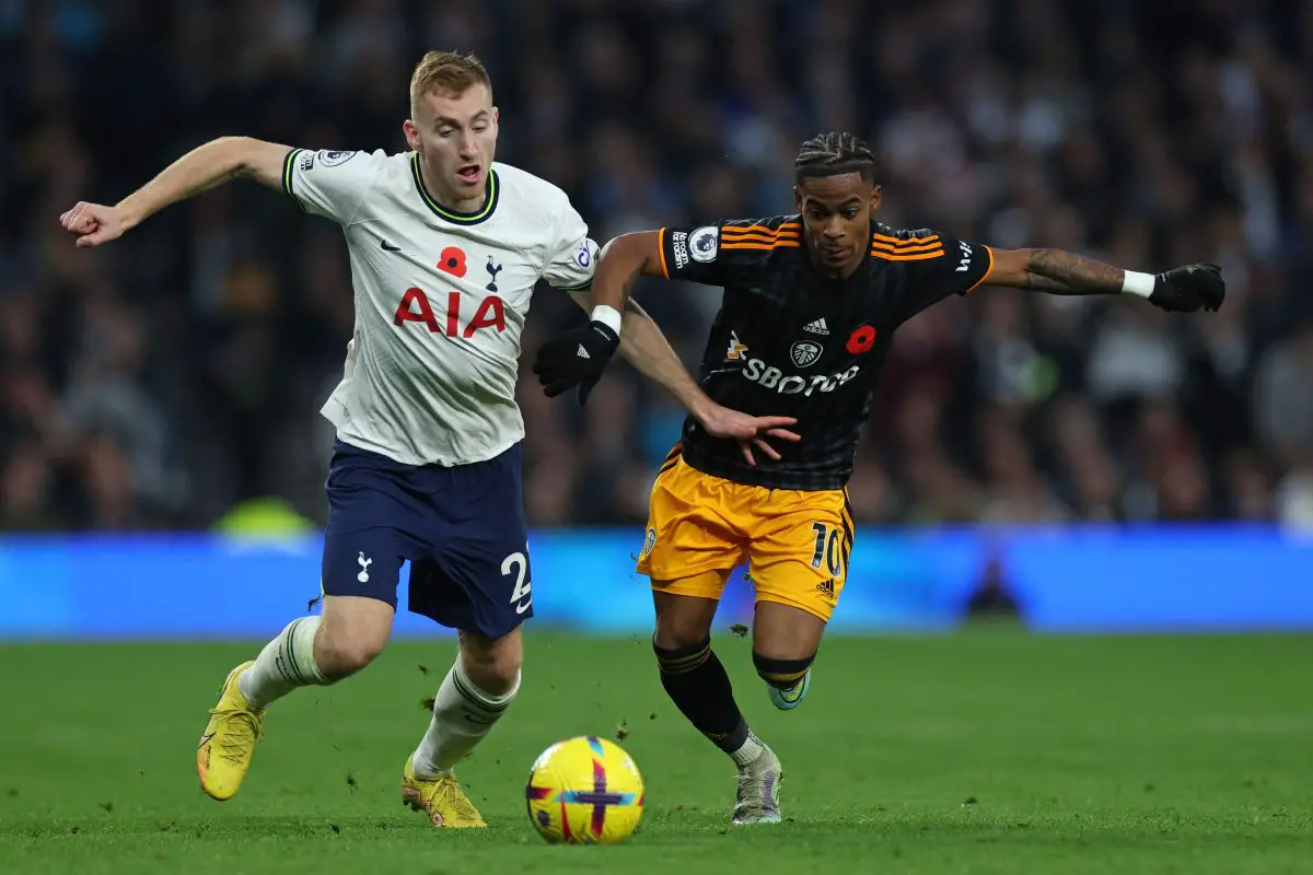 Dejan Kulusevski of Tottenham Hotspur with Crysencio Summerville of Leeds United. (Photo by ISABEL INFANTES/AFP via Getty Images)