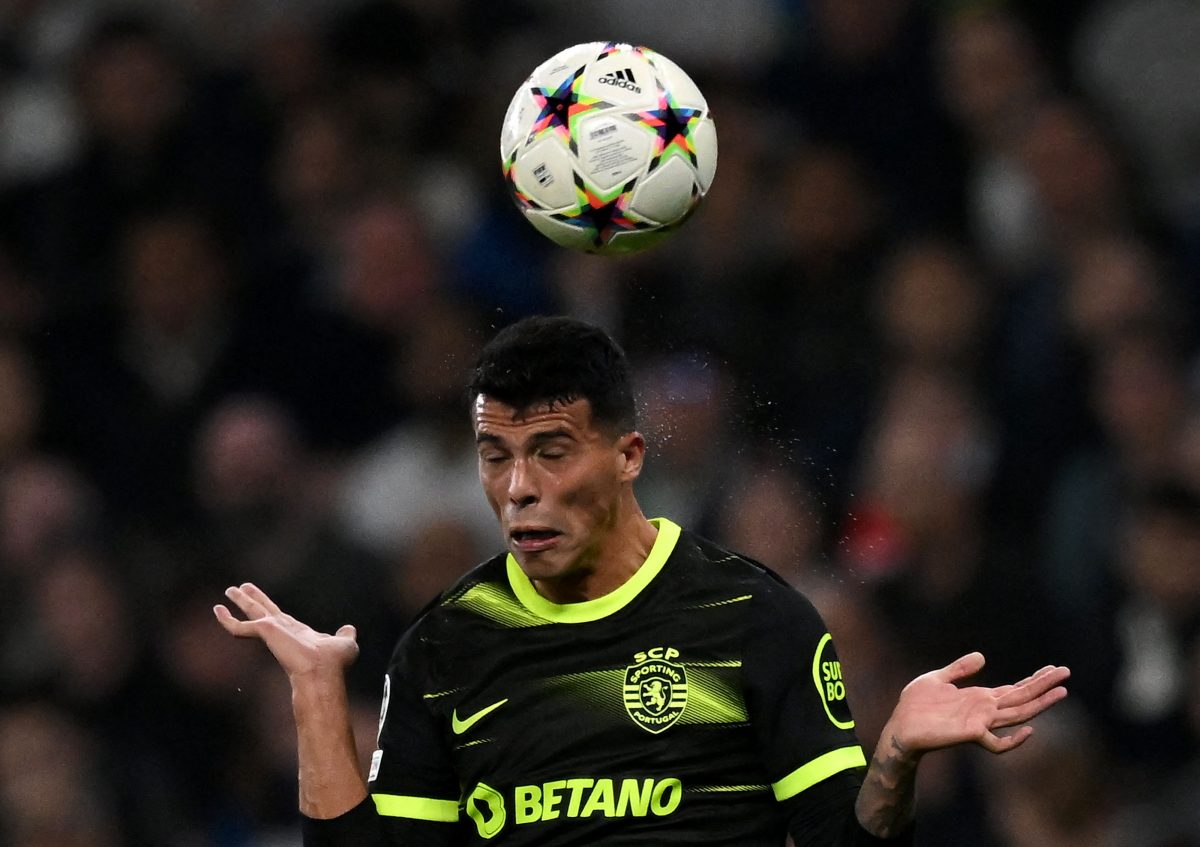 Sporting Lisbon's Spanish defender Pedro Porro headers the ball during the UEFA Champions League group D football match between Tottenham Hotspur and Sporting Lisbon at the Tottenham Hotspur Stadium in London, on October 26, 2022. (Photo by Ben Stansall / AFP) (Photo by BEN STANSALL/AFP via Getty Images)