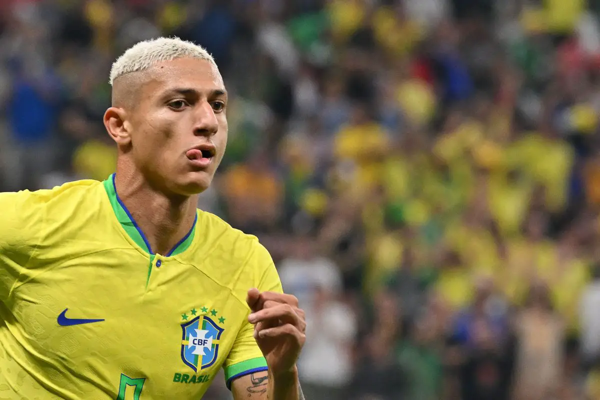 Brazil's Richarlison after scoring against Serbia. (Photo by NELSON ALMEIDA/AFP via Getty Images)