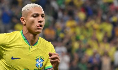 Brazil's Richarlison after scoring against Serbia. (Photo by NELSON ALMEIDA/AFP via Getty Images)